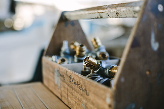 close up of Hardware in wooden box