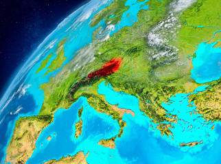 Space view of Austria in red