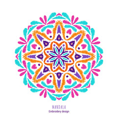 Embroidered mandala design. Needlework floral round composition. EPS 10 vector embroidery template.