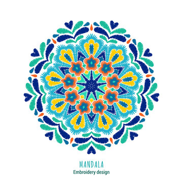 Embroidered mandala design. Needlework floral round composition. EPS 10 vector embroidery template.