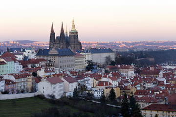 Fototapeta premium Winter evening Prague City with gothic Castle, Czech Republic