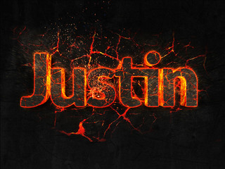 Justin Fire text flame burning hot lava explosion background.