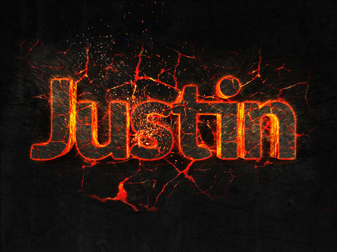 Justin Fire text flame burning hot lava explosion background.