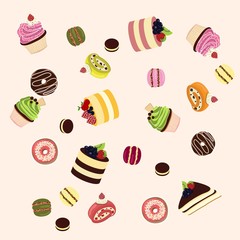 Colorful sweet cakes set. Birthday cakes vector illustration.
