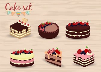 Colorful sweet cakes set. Birthday cakes vector illustration.