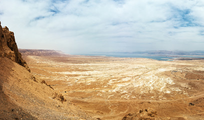 Aerial panorama of the Judaean Desert with the Dead Sea on the horizon