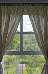 Open window to the forest with beige curtain