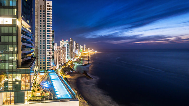 Cartagena de Indias skyline at dusk, Colombia.