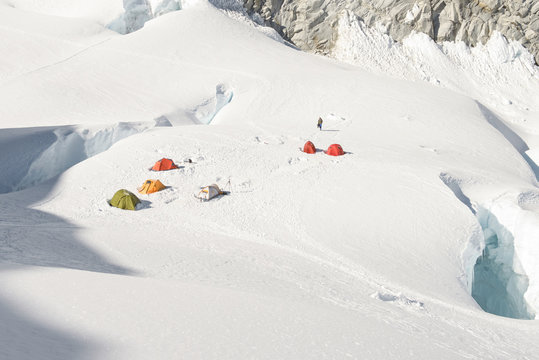 Advanced basecamp set up on glacier between  crevices in Cordillera Blanca, Andes
