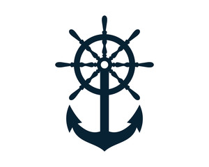 Obraz premium Ship and Boat Helm Steering Wheel and Ancor Illustration Logo Symbol