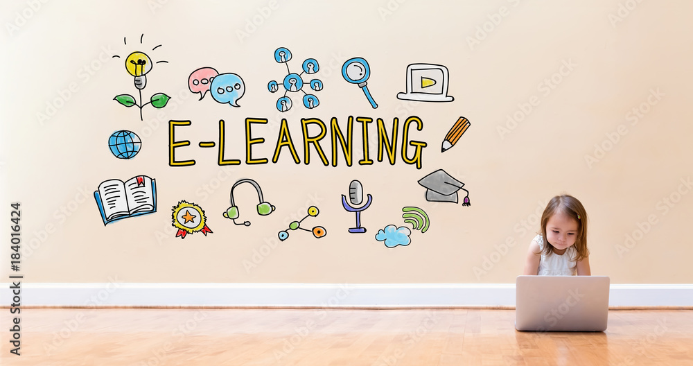 Poster e-learning text with little girl using a laptop computer on floor