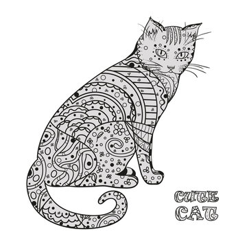 Cat. Zentangle. Hand drawn cat with abstract patterns on isolation background. Design for spiritual relaxation for adults. Zen art. Decorative style. Outline for tattoo, printing on t-shirts