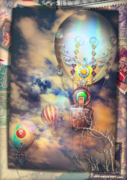 Cartolina vintage con mongolfiere steampunk in volo in un cielo notturno e tempestoso
