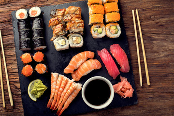 Sushi Set nigiri, sushi rolls and sashimi.