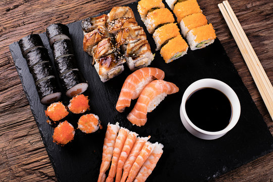 Sushi Set nigiri, sushi rolls and sashimi.