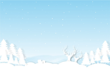 Christmas and New Year background. Decorated  with winter landscape, snowflakes, light, stars, fir tree , mountain, Moon. greeting card. vector Illustration.