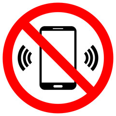 NO CELL PHONES USE crossed out sign. Keep silence symbol. Smartphone icon in red circle.