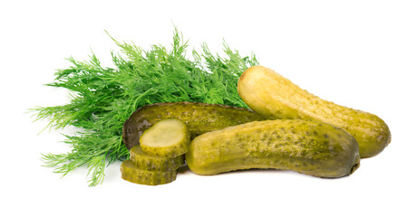 Pickled cucumbers with dill isolated on white background. Marinated pickled cucumber isolated. Closeup
