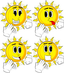 Cartoon sun cooling himself with his hand. Collection with happy faces. Expressions vector set.