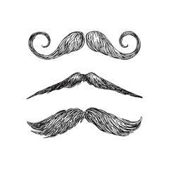 Set of realistic hand drawn vector mustache in black and white illustration