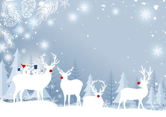 Naklejki  Boże Narodzenie projekt tła reniferów i liści sosny z płatkiem śniegu na ilustracji wektorowych zimy lasu