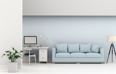 3D rendering of interior modern living room workspace with sofa, desk, laptop computer and green plants 