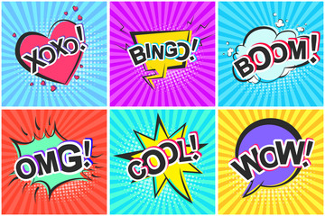 Bright contrast retro comic speech bubbles with Bingo, Boom, Xoxo, Cool, Omg, Wow. Black outline balloons with halftone shadow and stripes in pop art style for advertisement text, web design, label