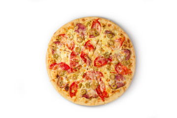pizza with tomatoes, cheese on white background