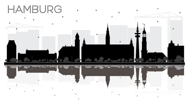 Hamburg Germany City skyline black and white silhouette with Reflections.
