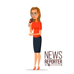 TV Correspondent Vector. Journalist Woman. TV Reporter Presenting News. Outside Broadcasting Cartoon Character Illustration