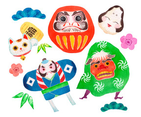 正月 縁起物 セット　水彩 イラスト