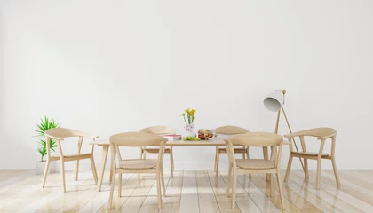 Foto op Plexiglas Bright spacious dining room with wooden big table and lamp with white wall background,3D rendering © Vanit่jan