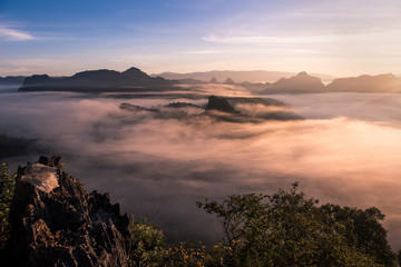 foggy landscape in north of Thailand with twilight sky