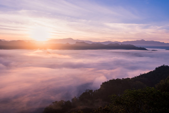 foggy landscape in north of Thailand with twilight sky