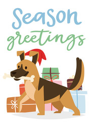 Christmas 2018 dog card vector cute cartoon puppy characters illustration home pets doggy Xmas print design web banner celebrate in Santa Red Hat