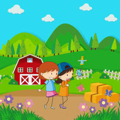 Obraz na płótnie Canvas Two girls taking selfie in the farmyard