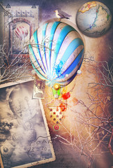 Interno surreale e incantato con mongolfiere e mappamondo. Fantasie e immaginazione di viaggio © Rosario Rizzo