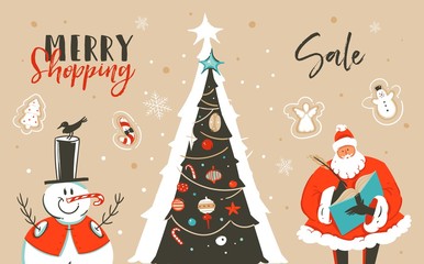 Hand drawn vector abstract fun Merry Christmas time cartoon illustration greeting card with Santa Claus,xmas tree,snowman and Merry Shopping Sale calligraphy isolated on craft background
