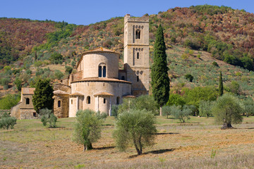 Fototapeta premium Abbey of San Antimo close up on a sunny September day. Tuscany, Italy