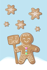 Christmas postcard with gingerbread man and snowflake. Merry Christmas vector postcard.