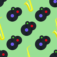 Saxophone and three vinyl discs seamless pattern