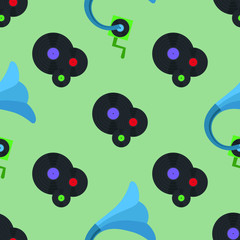 Gramophone and three vinyl discs seamless pattern