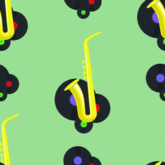 Saxophone and three vinyl discs seamless pattern