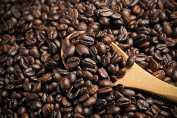 Coffee Bean inside Sack and wood spoon on wood block still life lighting style