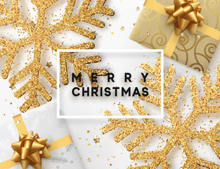 Christmas background with gifts box and shining golden snowflakes. Greeting card Merry Christmas. Vector Illustration.