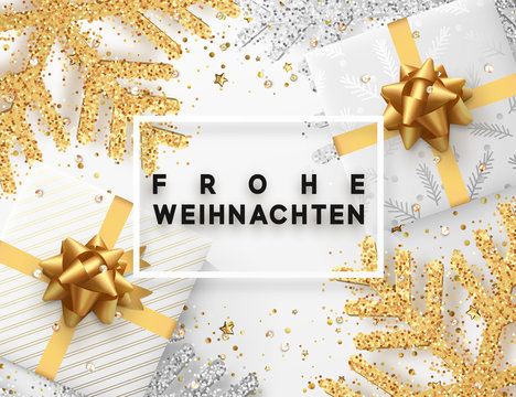 German lettering Frohe Weihnachten. Christmas background with gifts box and shining golden and silver snowflakes. Xmas Greeting card. Vector Illustration.
