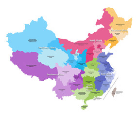 China provinces vector map colored by regions. Chinese names gives in parentheses - obrazy, fototapety, plakaty
