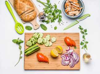 Healthy lunch cooking.  Clean eating layout and diet nutrition concept. Various fresh vegetables...