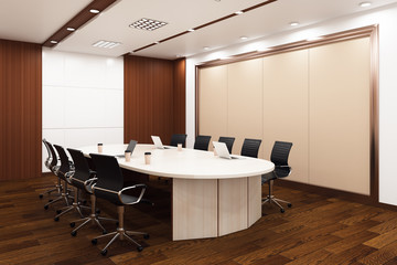 Clean meeting room with empty banners