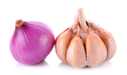 Onions and garlic isolated on white background.